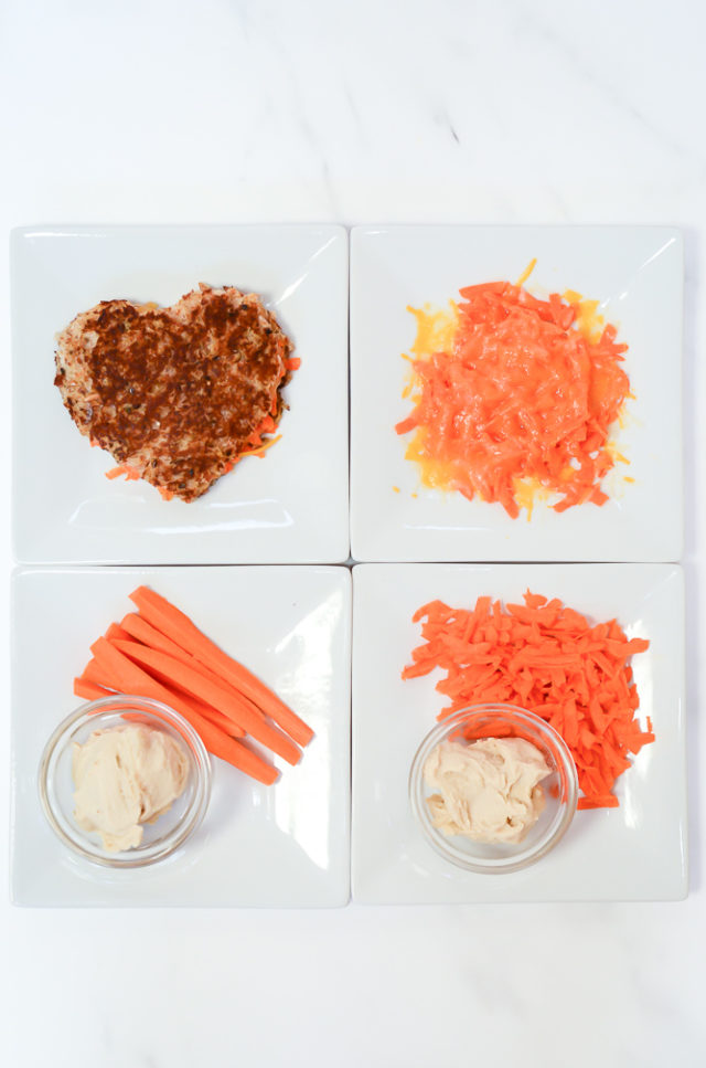Clockwise from top left: a grilled cheese in the shape of a heart, grated carrots with melted cheese on top, grated carrots with ranch dressing, carrot sticks with ranch dressing.