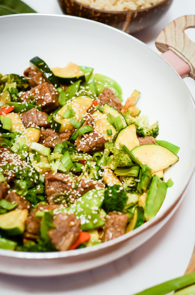 A close-up of a big pan of Easy Weeknight Beef and Veggie Stir-Fry.