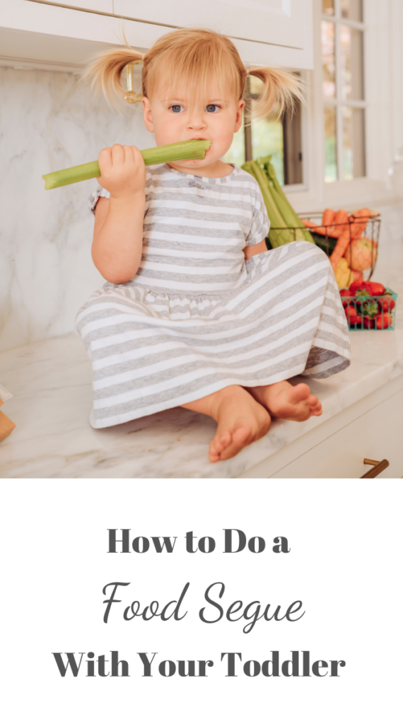 Toddler eating celery on a kitchen counter, title image.