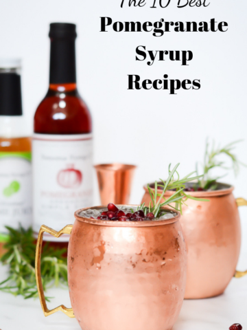 Photo of two pomegranate mules used as the title graphic for the 10 best pomegranate syrup recipes.