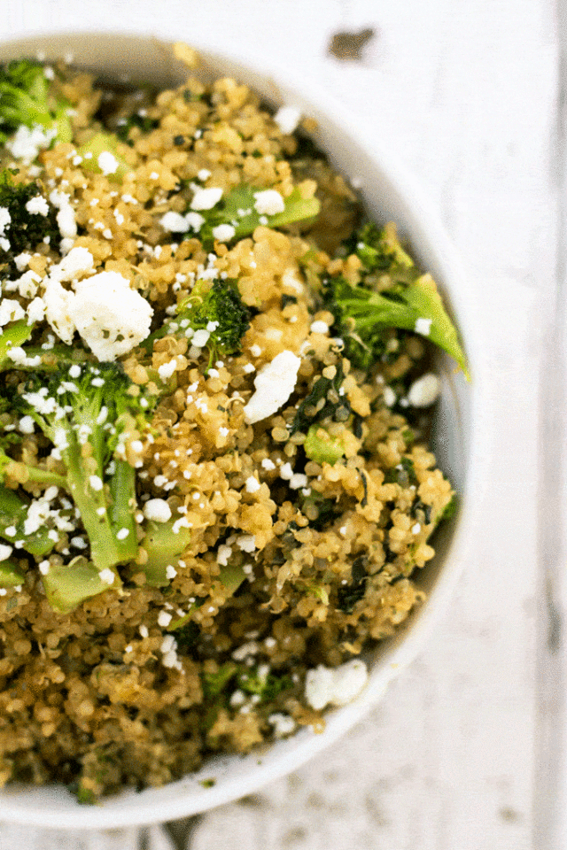 An overhead shot of a bowl of Goat Cheese, Quinoa and Broccoli Casserole.