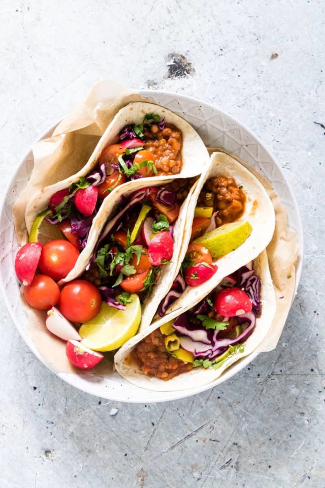 A plate full of Mexican Lentil Tacos.