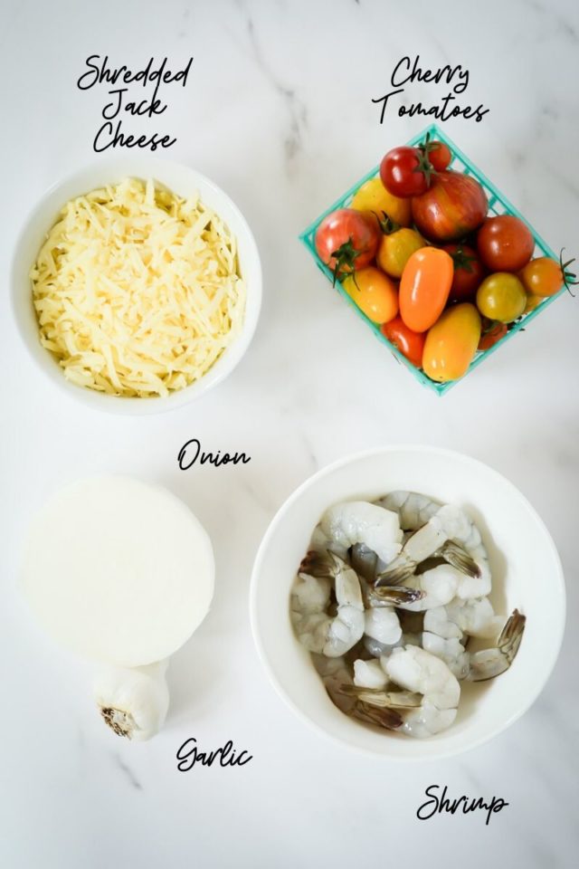 The ingredients needed to make part three of the Shrimp and Poblano Enchilada Quinoa Bake.