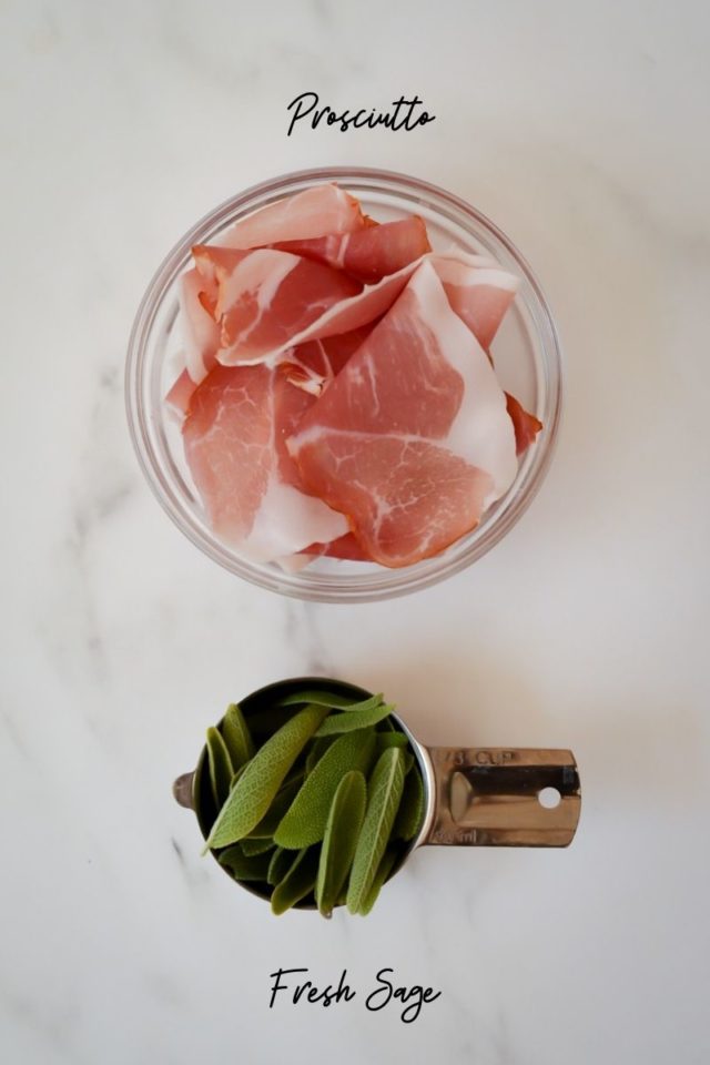 A bowl of prosciutto and cup of fresh sage.