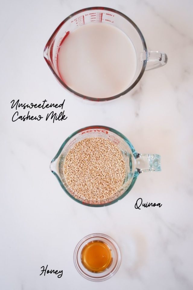 Ingredients needed to make quinoa for PB and J Quinoa Bowls.