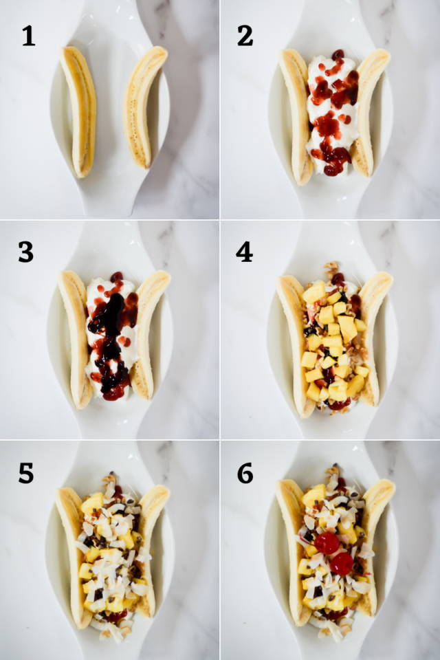 Six steps of putting together a breakfast banana split.